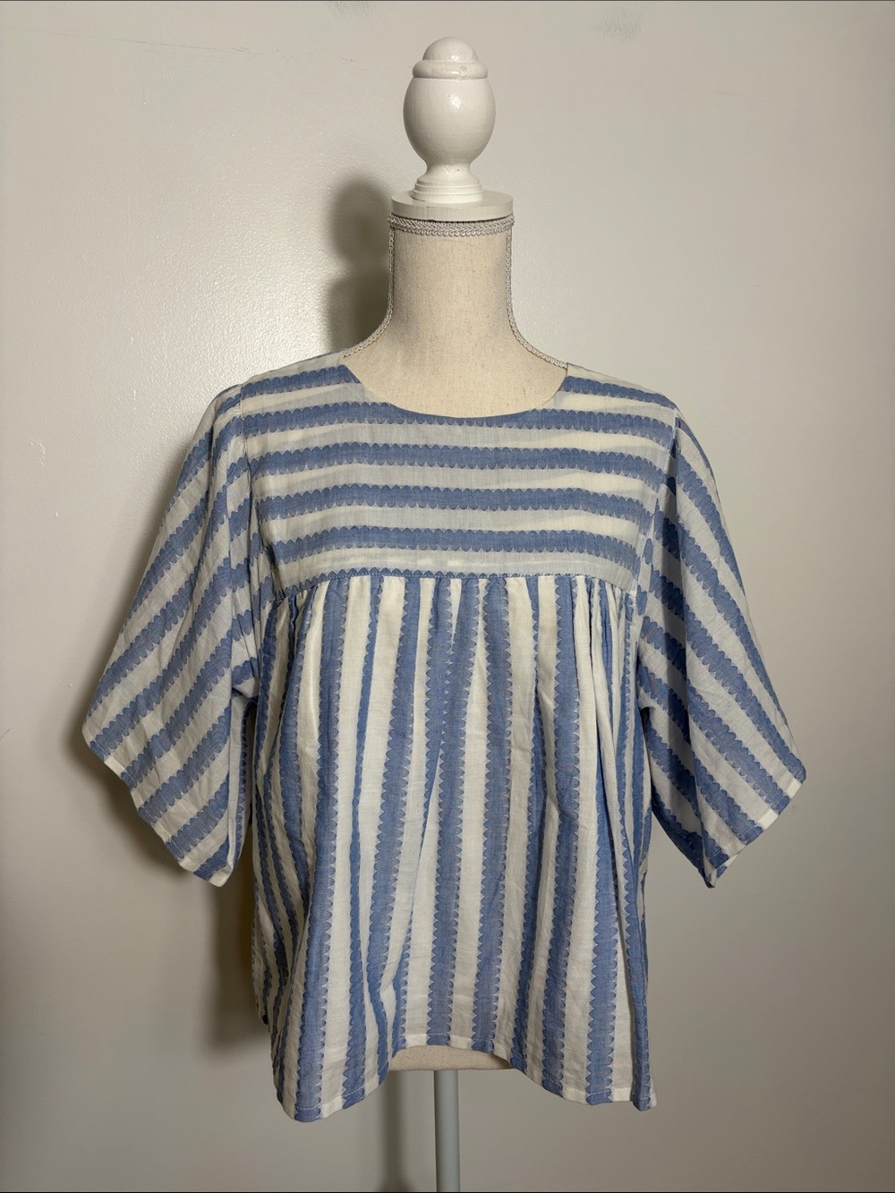 India Collection Blue & White Striped Women's Peasant Blouse Large